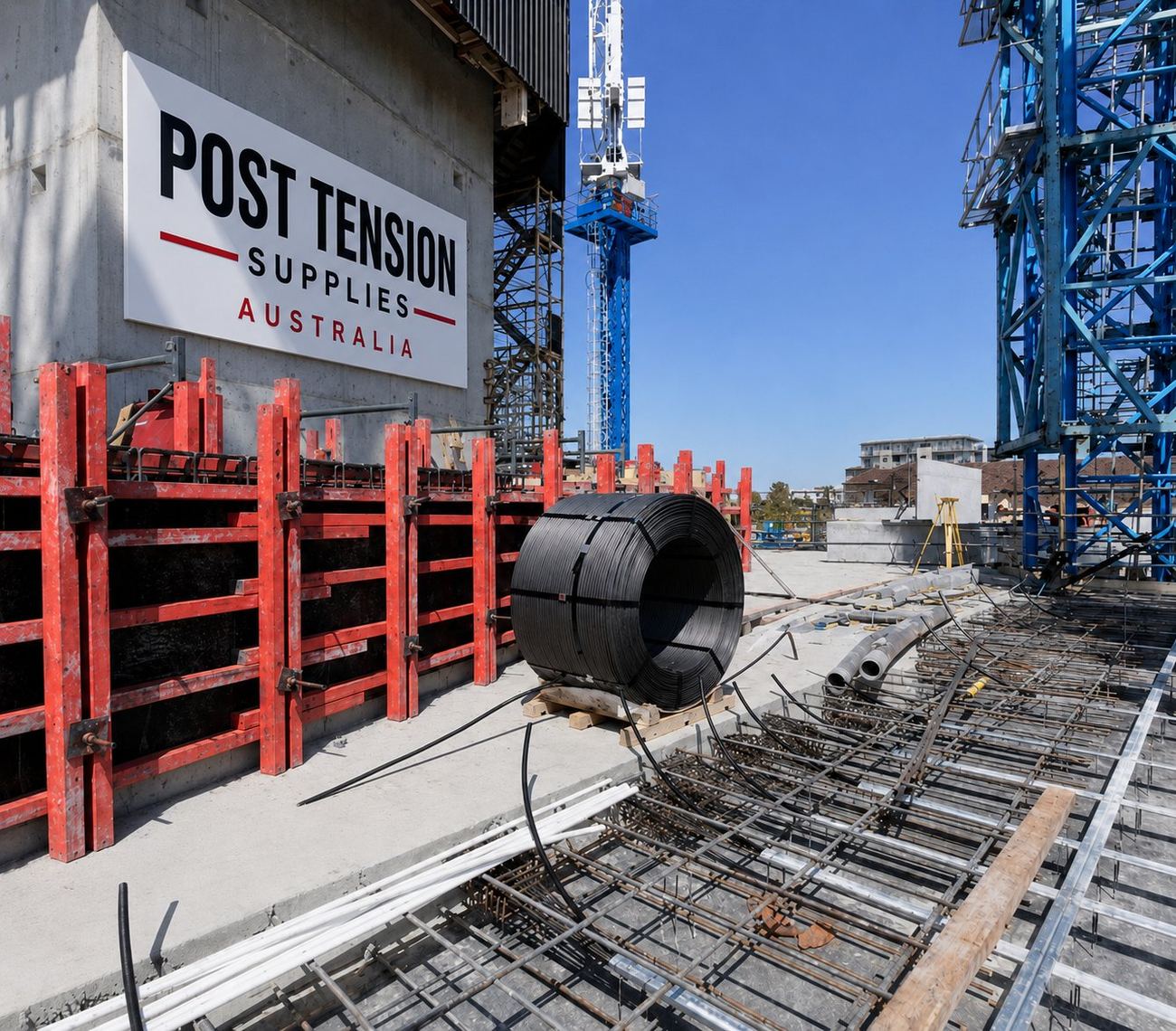 Post Tension Supplies Australia branded hoarding beside a coil of PT strand, formwork and reinforcement on a high-rise construction site