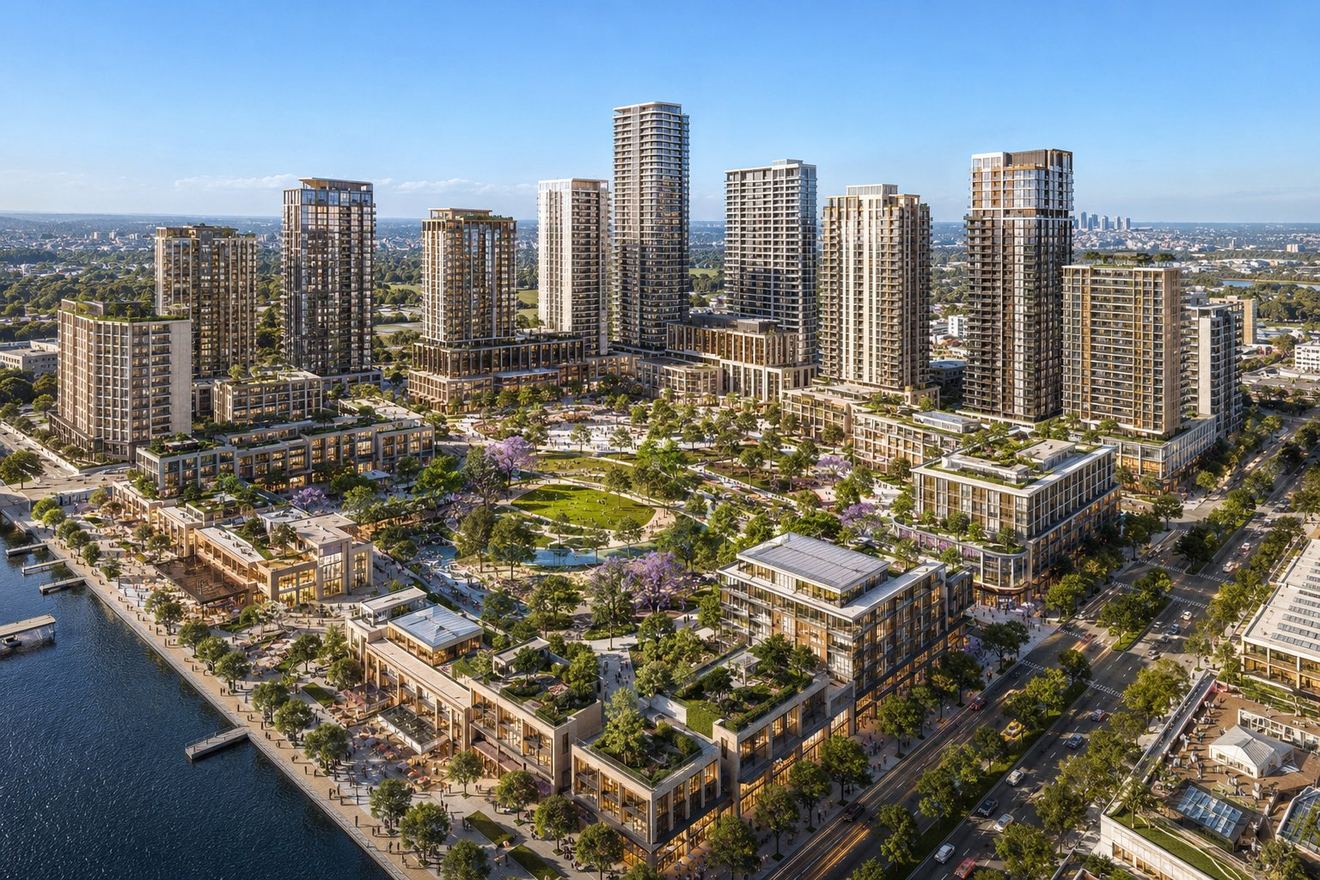 Large mixed-use waterfront development of residential towers and public parkland, the kind of multi-level build supplied by Post Tension Supplies Australia