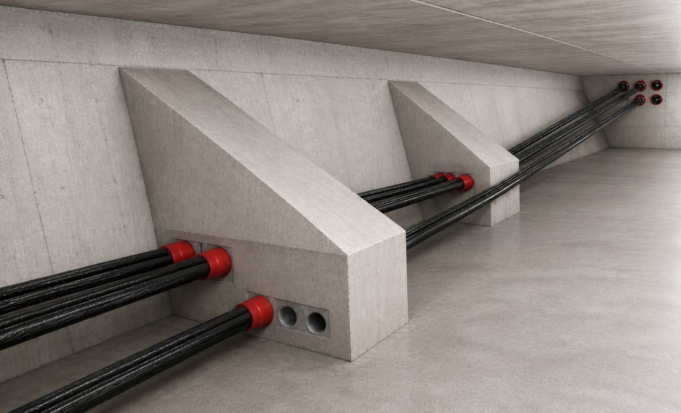 Post-tensioning anchorages and tendon bundles in a tunnel structure, supplied by Post Tension Supplies Australia